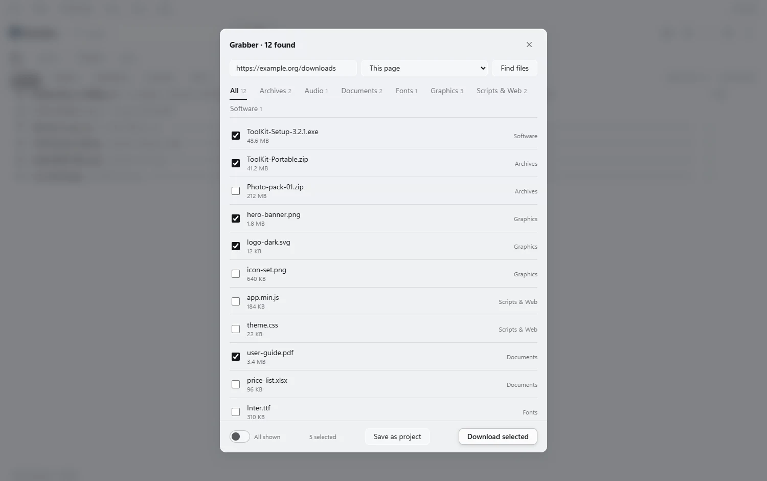 Grabber finds every file on a page: programs, graphics, scripts, documents. Tick what you want.